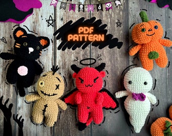5IN1 haakpatroon Halloween, Halloween Amigurumi haakpatroon, pompoen, voodoo-pop, zwarte kat, Baphomet, spookachtige Halloween