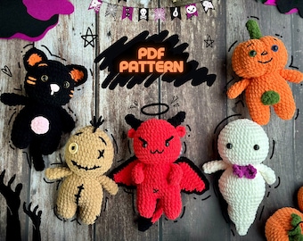 Modello 5IN1 all'uncinetto Halloween, modello Halloween Amigurumi all'uncinetto, zucca, bambola voodoo, gatto nero, Baphomet, Halloween spettrale