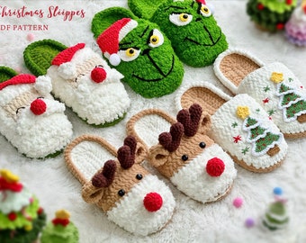 Crochet Christmas Pattern, Grinch Slippers Crochet, Santa Claus & Reindeer Slippers Pattern, Christmas Tree Slippers Pattern