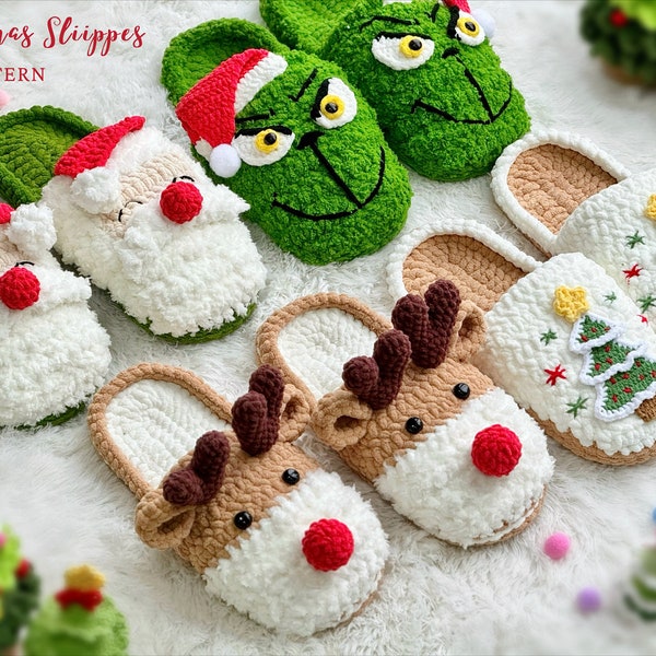 Crochet Christmas Pattern, Grinch Slippers Crochet, Santa Claus & Reindeer Slippers Pattern, Christmas Tree Slippers Pattern