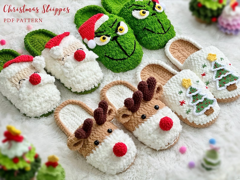 Crochet Christmas Pattern, Grrinch Slippers Crochet, Santa Claus & Reindeer Slippers Pattern, Christmas Tree Slippers Pattern