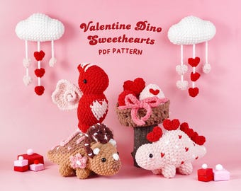 Valentine Dino Sweethearts Crochet Patterns Bundle, Stegosaurus Pattern, Triceratops Pattern,Pterosauria Pattern,Dinosaur Egg Basket Pattern