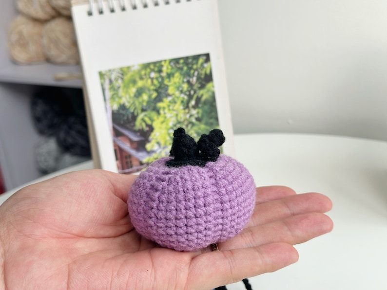 May include: A small, crocheted purple pumpkin with a black crocheted stem.