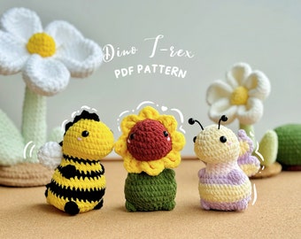 Sunflower Dinosaur No Sew Crochet Pattern, Butterfly Dinosaur Crochet Pattern, Bee-rex Crochet Pattern, No Sew Amigurumi Crochet Patterns