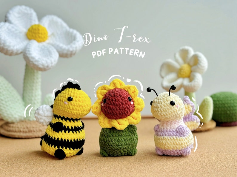 Sunflower Dinosaur No Sew Crochet Pattern, Butterfly Dinosaur Crochet Pattern, Bee-rex Crochet Pattern, No Sew Amigurumi Crochet Patterns zdjęcie 1