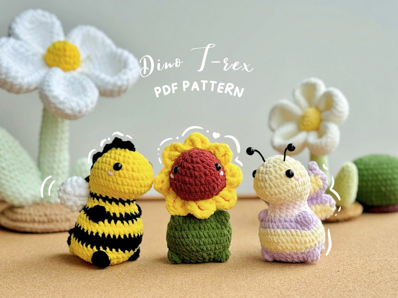 Sonnenblumen-Dinosaurier-Häkelmuster ohne Nähen, Schmetterlings-Dinosaurier-Häkelmuster, Bee-Rex-Häkelmuster, Amigurumi-Häkelmuster ohne Nähen Bild 1