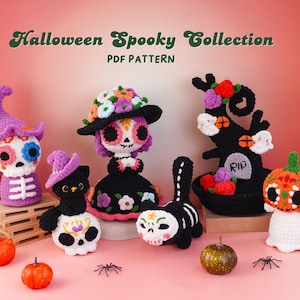 May include: A collection of crocheted Halloween figures including a purple-hatted skull, a black cat, a floral-hatted doll, a skeleton cat, a tombstone with ghosts, and a pumpkin-headed ghost, with the text Halloween Spooky Collection PDF PATTERN.