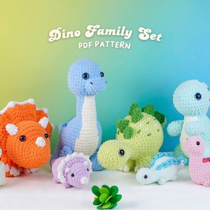 May include: A collection of colorful, crocheted dinosaur toys in various sizes and colors, including orange, blue, green, and pink. The text "Dino Family Set PDF Pattern" is displayed above the toys.