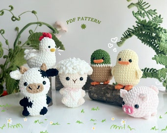 Modèle au crochet sans couture 6 en 1 Adorable Farm, modèles au crochet Amigurumi sans couture | Canard, Canard colvert, Coq, Cochon, Vache, Mouton