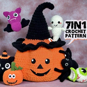 7in1 Halloween Crochet Patterns, Halloween Amigurumi Crochet Pattern, Black Cat, Ghost, Spider, Candyeye Creepy, Bat, Pumpkin Bucket
