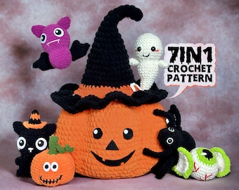 Könnte beinhalten: Ein 7-in-1 Häkelmuster für Halloween beinhaltet einen Kürbis, ein Gespenst, eine Fledermaus, eine Spinne, ein Auge und zwei schwarze Katzen. Das Häkelmuster ist in englischer Sprache geschrieben.