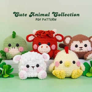 May include: A collection of five crocheted animal plushies including a green dinosaur, a red cow, a brown monkey, a white sheep, and a yellow chick. The text "Cute Animal Collection PDF PATTERN" is displayed above the plushies in dark green.