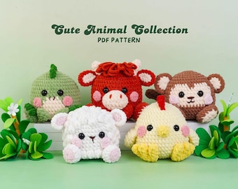 Cute Animal Collection Crochet Pattern, Cow Pattern, Chick Pattern, Monkey Pattern, Dragon Pattern, Sheep Pattern, Digital PDF Pattern