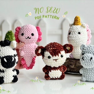 No Sew Zoo Animal Bundle Crochet Pattern, No Sew Amigurumi Crochet Patterns, Monkey Pattern, Unicorn Pattern, Hippo Pattern, Aloxolt Pattern