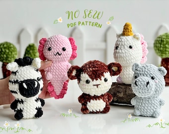 No Sew Zoo Animal Bundle Crochet Pattern, No Sew Amigurumi Crochet Patterns, Monkey Pattern, Unicorn Pattern, Hippo Pattern, Aloxolt Pattern