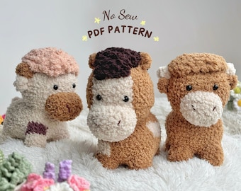 Combo 3 Animal No Sew Crochet Pattern, No Sew Amigurumi Crochet | Horse Crochet Pattern, Cow Crochet Pattern, Amigurumi Tutorial Pattern,