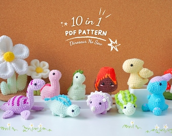 Dinosaur No-Sew Crochet Bundle, Amigurumi Crochet Pattern, Dinosaur World Crochet, Tyrannosaurus Crochet, Triceratops Pattern