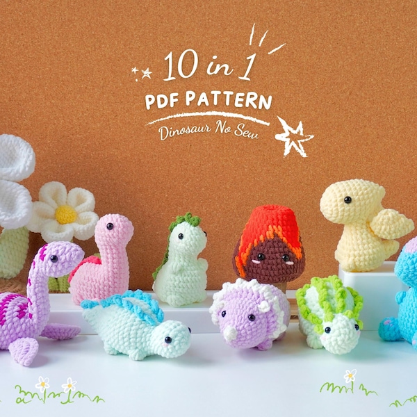 Dinosaur No-Sew Crochet Bundle, Amigurumi Crochet Pattern, Dinosaur World Crochet, Tyrannosaurus Crochet, Triceratops Pattern