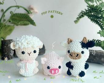 Adorable Farm No Sew Crochet Pattern, No Sew Amigurumi Crochet Patterns, Sheep Crochet Pattern, Pig Crochet Pattern, Cow Crochet Pattern