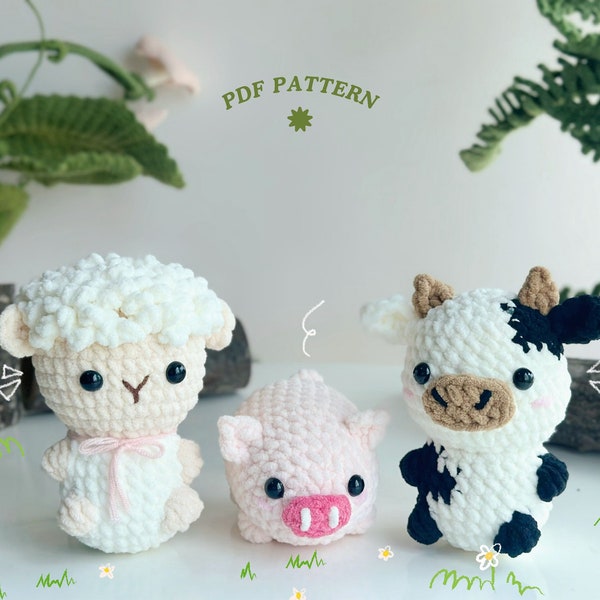 Adorable Farm No Sew Crochet Pattern, No Sew Amigurumi Crochet Patterns, Sheep Crochet Pattern, Pig Crochet Pattern, Cow Crochet Pattern
