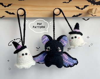 Halloween Ghost and Bat Car Hanging, Ghost Crochet Pattern, Halloween Crochet Patterns