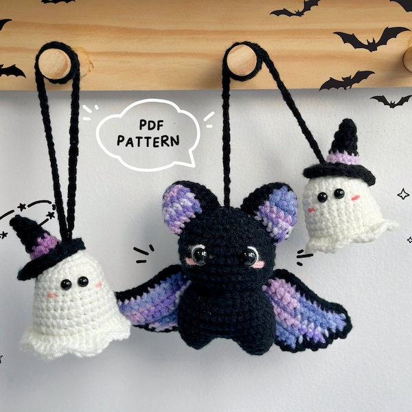 Halloween Ghost and Bat Car Hanging, Ghost Crochet Pattern, Halloween Crochet Patterns