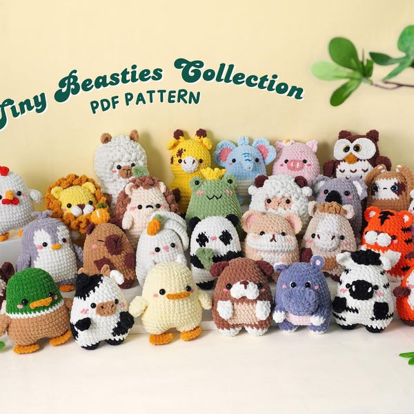 Modelli all'uncinetto della collezione Tiny Beasties 28 in 1 / Modello riccio, modello rana, modello giraffa, modello unicorno, modello pinguino