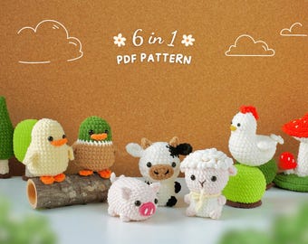 Combo 6in1 Adorable Farm No Sew Crochet Pattern, No Sew Amigurumi Crochet Patterns | Duck, Mallard Duck, Rooster, Pig, Cow, Sheep Pattern