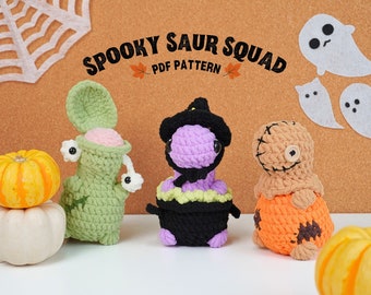 Spooky Saur Squad Halloween Collection, Frankenstein Dinosaur Crochet, Scary Sam Dinosaur Crochet, Witch Dinosaur Crochet Pattern