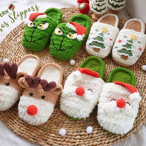 May include: A set of six crocheted Christmas slipper patterns featuring various holiday characters, including a reindeer, Santa Claus, and a Grinch. The slippers are made with soft, fluffy yarn and are perfect for keeping your feet warm during the holiday season.
