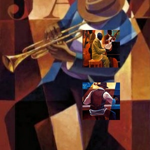 May include: A painting of a jazz band with a trumpet player in the foreground. The painting is done in a cubist style with bold colors and geometric shapes. The band members are all dressed in formal attire and are playing their instruments. The painting is set against a dark background.