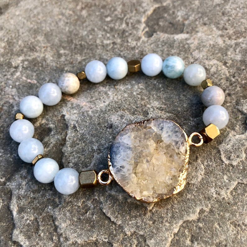 Aquamarine Birthstone Bracelet Healing Bracelet Beaded Stretch Bracelet Aquamarine Druzy Beaded Bracelet