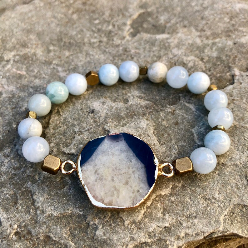Aquamarine Birthstone Bracelet Healing Bracelet Beaded Stretch Bracelet Aquamarine Druzy Beaded Bracelet