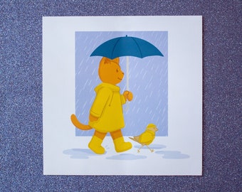 Rainy Day Cat and Bird Print Glossy 8" x 8"