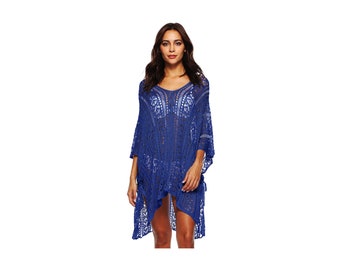 Knit crochet v-neck bat sleeves loose stretch beach cover-up cover up multiple colors - A70001