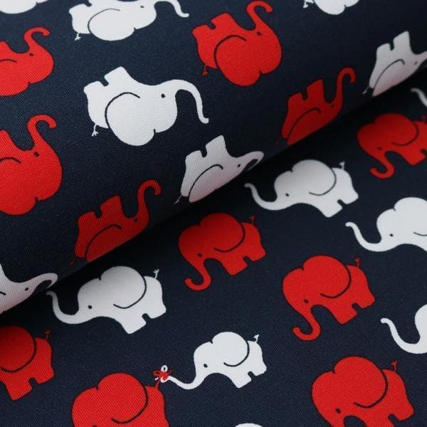 Jersey Elefantenparade | Elefanten Stoff | rot weiß blau | hochwertige Kinderstoffe