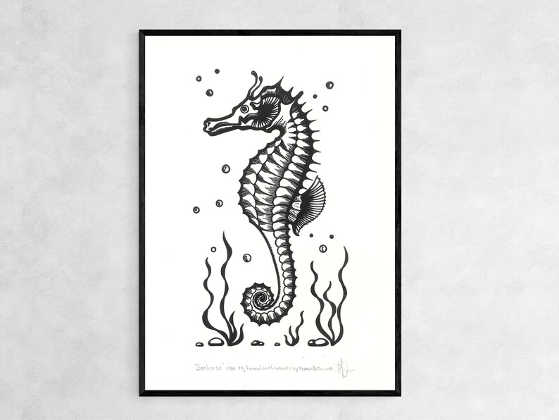 Lino Print Seahorse Original Linocut Print Limited Edition