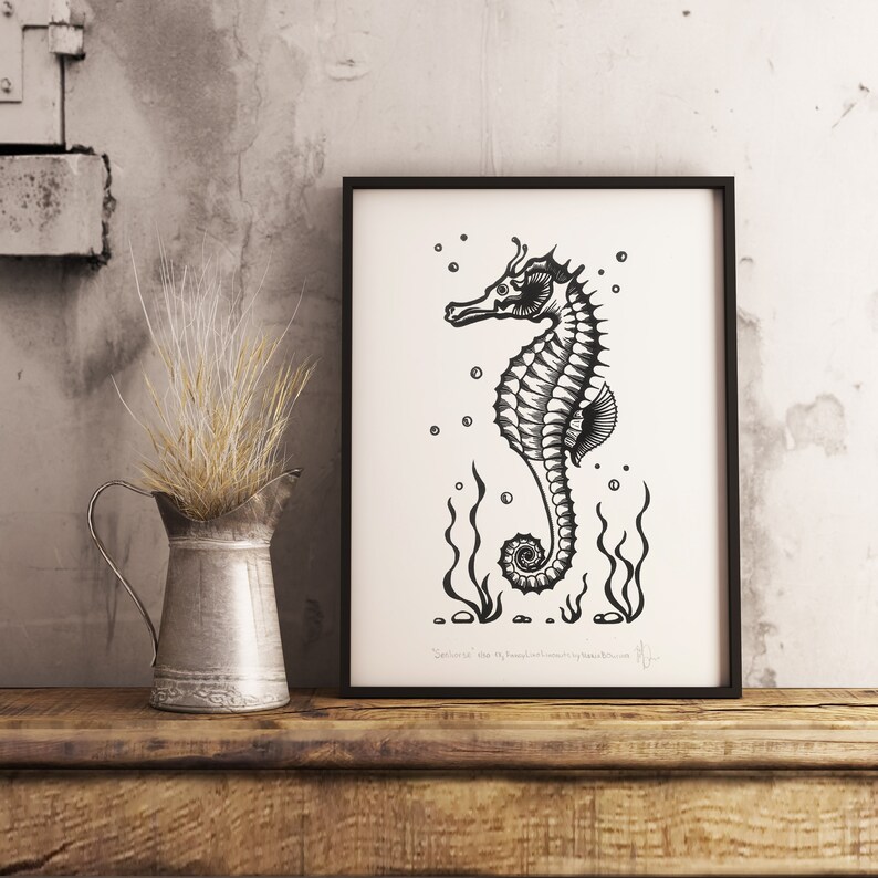 Lino Print Seahorse Original Linocut Print Limited Edition