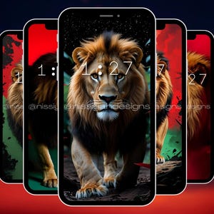 May include: Smartphone screens displaying a majestic lion illustration. The lion has a golden mane, brown fur, and piercing eyes. The time 1:27 is displayed on the main screen. The background is a mix of red, green, and black, with the text "@nissigahdesigns".