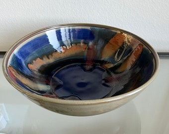 Large Studio Pottery Bowl / Pottery Art Centerpiece / Vintage Ceramic Bowl / Pottery Wall Decor / Speckled Glaze / Drip Glaze
