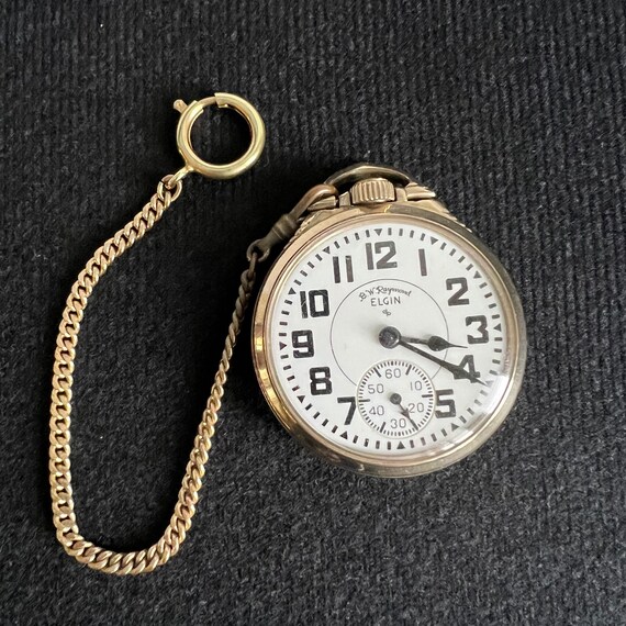 Midcentury B.W. Raymond Elgin 571 Pocket Watch With Gold Chain