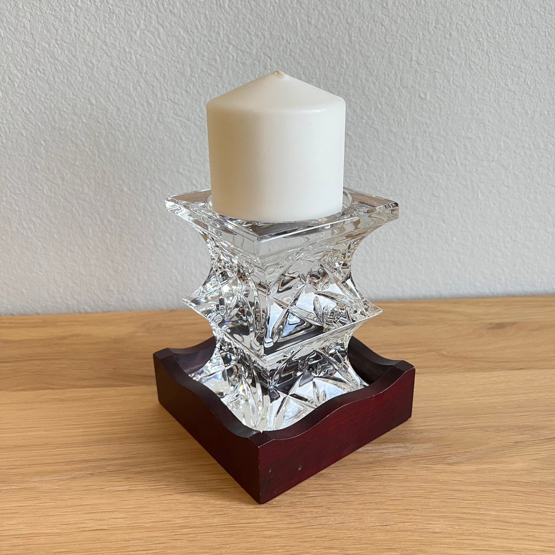 Vintage Waterford Crystal Candle Holder With Wood Base in Retired