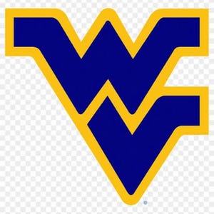 May include: A graphic of the West Virginia University logo. The logo features a large, stylized "WV" in deep blue, outlined in gold. The design is bold and geometric, with sharp angles and a clear, clean aesthetic. The background is transparent.