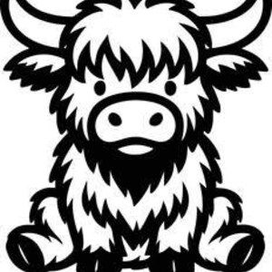 May include: Black and white illustration of a Highland cow. The cow has a fluffy coat, large horns, and a friendly expression. The image is a simple, cartoon-style drawing.
