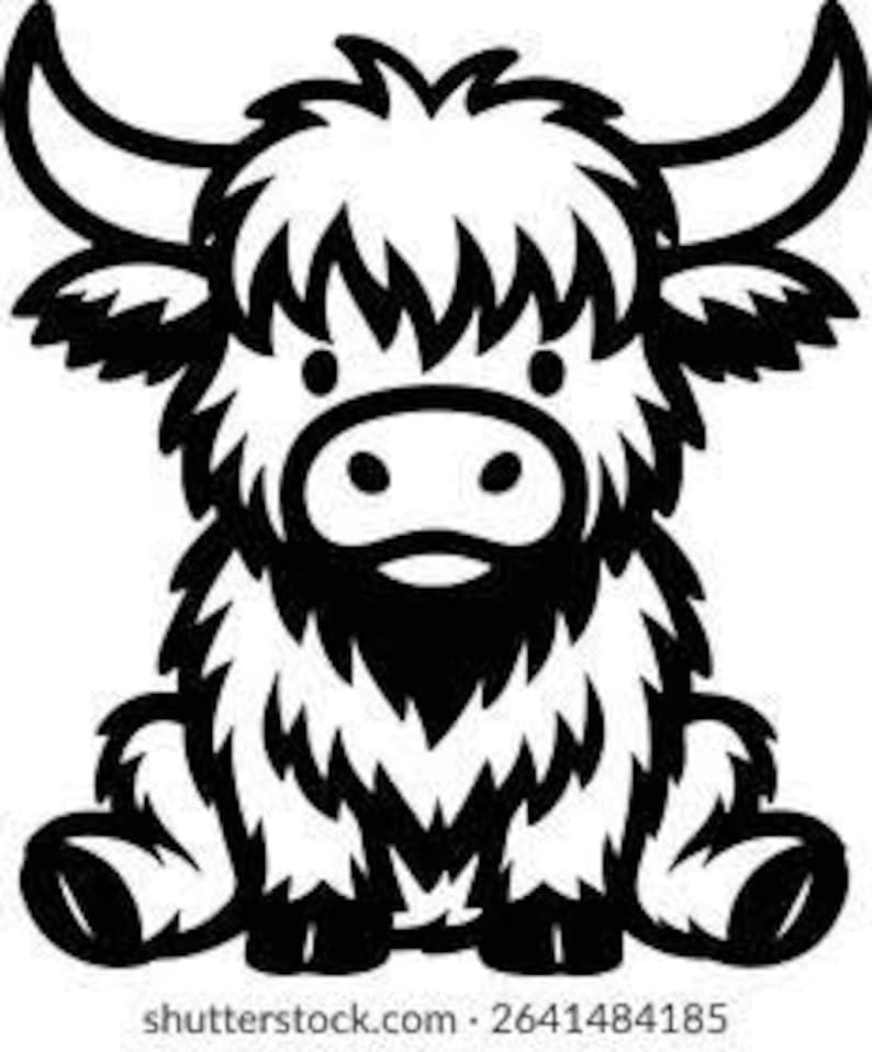 May include: Black and white illustration of a Highland cow. The cow has a fluffy coat, large horns, and a friendly expression. The image is a simple, cartoon-style drawing.