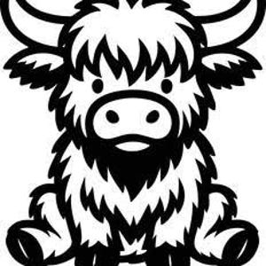 May include: Black and white illustration of a Highland cow. The cow has a fluffy coat, large horns, and a friendly expression. The image is a simple, cartoon-style drawing.