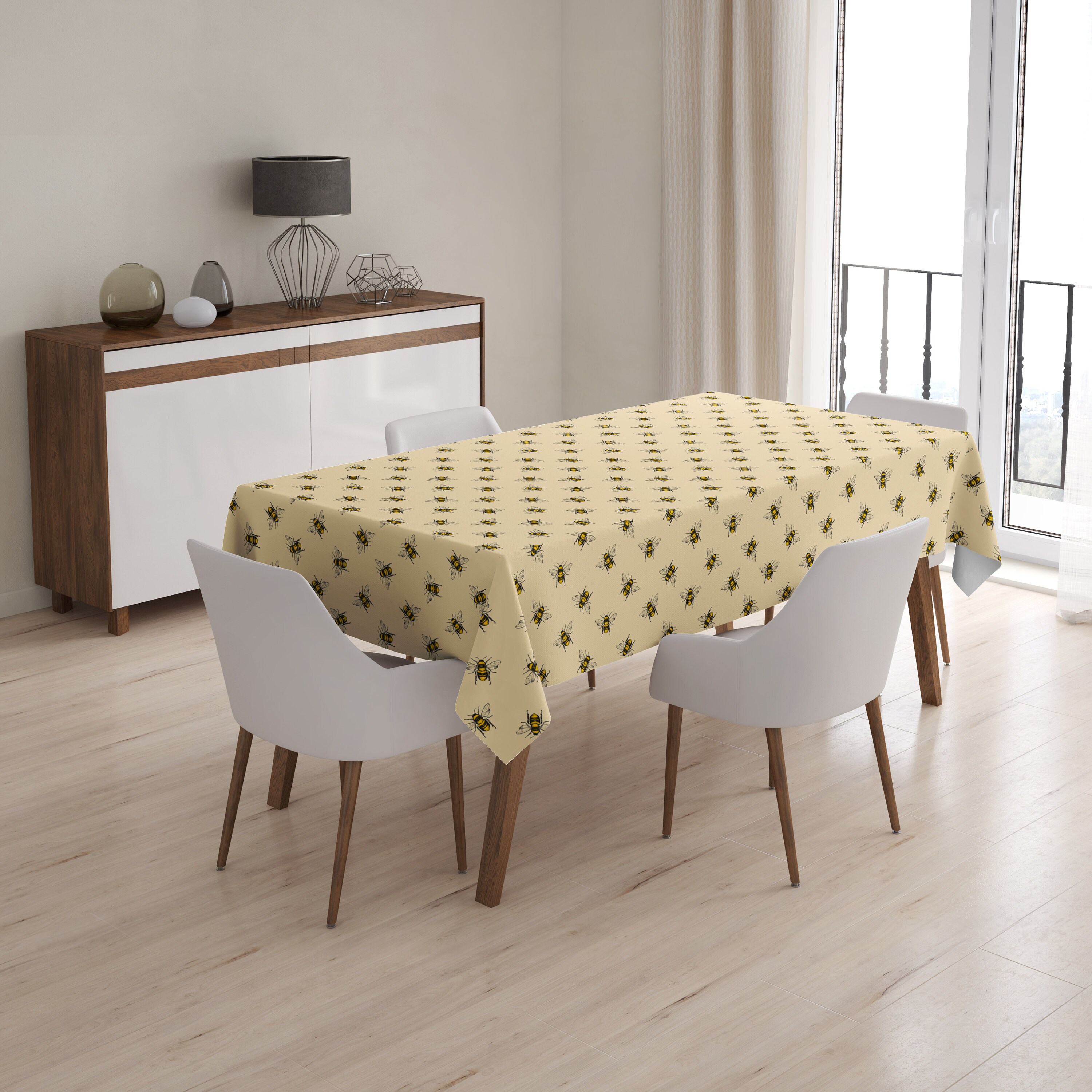 ABAKUHAUS Ape Tovaglia, Do Not Worry Bee Felice, Rettangolare per Sala da Pranzo e Cucina, 140 cm x 240 cm, Terra Giallo Marrone