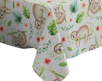 Handmade Decorative Tablecloth, Baby Animals Sloth Nursery Print, Rectangle/ Square, Home Decor Fabric