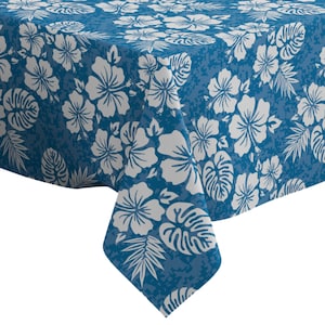 May include: A blue tablecloth with a white hibiscus flower pattern. The tablecloth has a distressed look and is perfect for a tropical themed party.