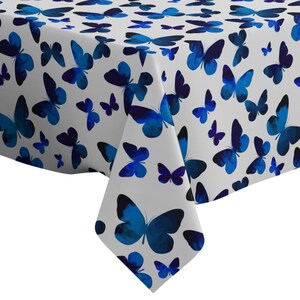 Handmade Decorative Tablecloth, Watercolor Blue Butterflies On White Pattern Print, Rectangle/ Square, Home Decor Fabric